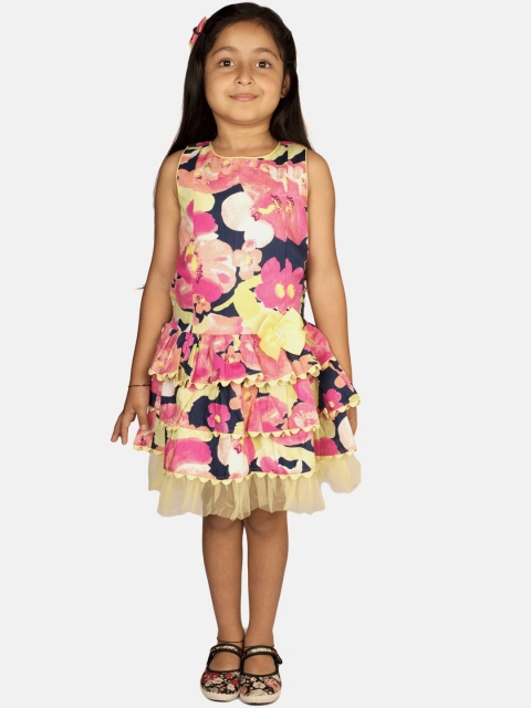 

RIBBON CANDY Girls Navy Blue & Peach-Coloured Printed A-Line Dress With Tic Tac Hair Clips