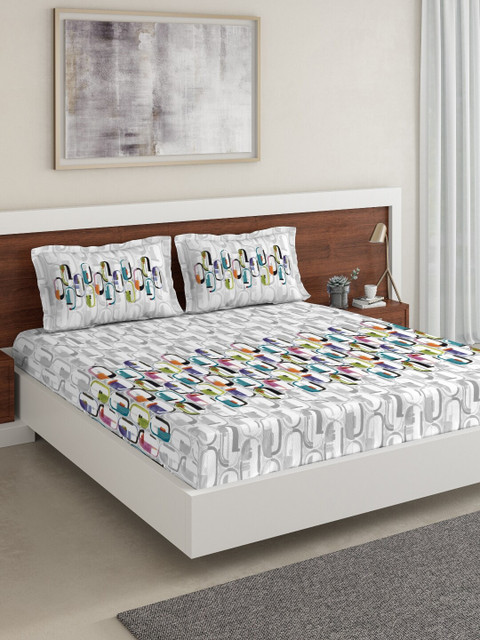

DDecor White & Grey Geometric 144 TC Cotton 1 Extra Large Bedsheet with 2 Pillow Covers
