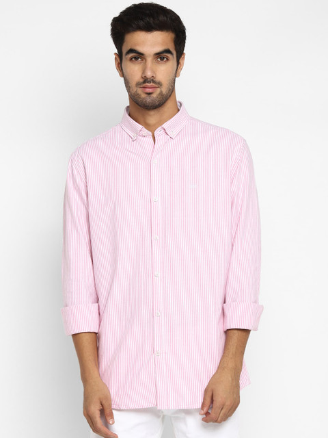 

METTLE Men Pink & White Regular Fit Striped Casual Shirt
