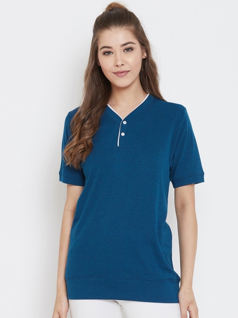 

wesquare Women Blue Solid Henley Neck T-shirt