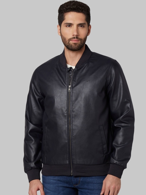 

Park Avenue Men Blue Solid Biker Jacket