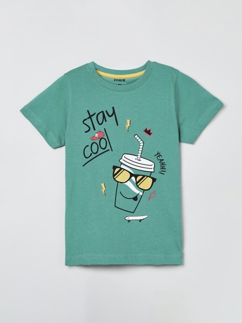 

max Boys Green & Black Printed Round Neck T-shirt