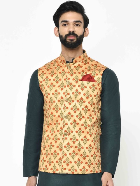 

KISAH Men Gold-Coloured & Orange Printed Nehru Jacket