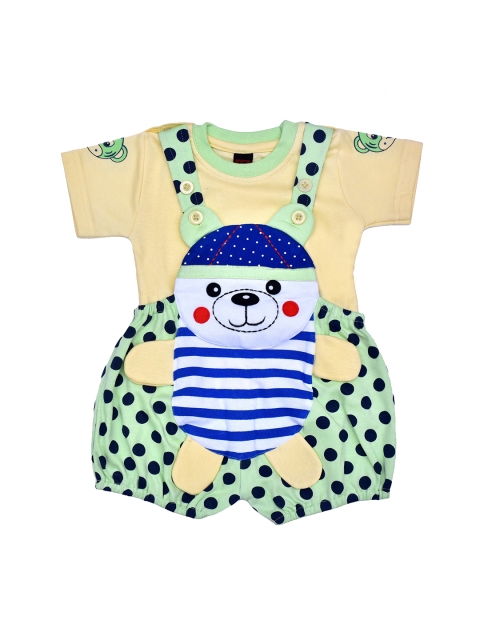 BORN WEAR Unisex Kids Green & Yellow Printed T-shirt with Dungarees