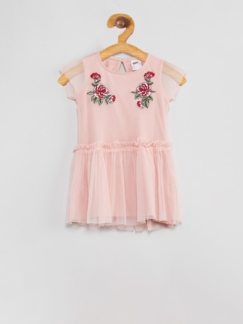 

max Girls Peach & Red Embroidered Fit and Flare Dress