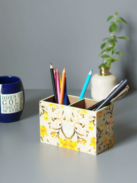 nestroots Beige & Yellow Printed Cutlery Holder