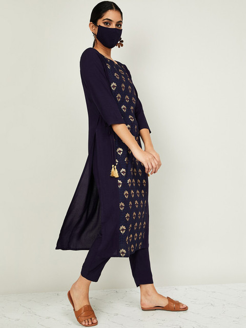 

Melange by Lifestyle Women Navy Blue Embroidered Kurta with Trousers