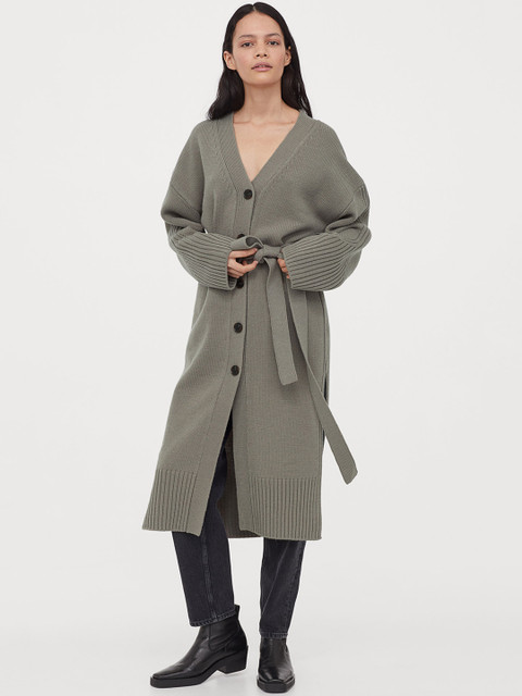 

H&M Women Grey Solid Long Wool-Blend Cardigan
