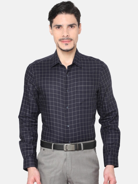 

J Hampstead Men Navy Blue Slim Fit Checked Formal Shirt