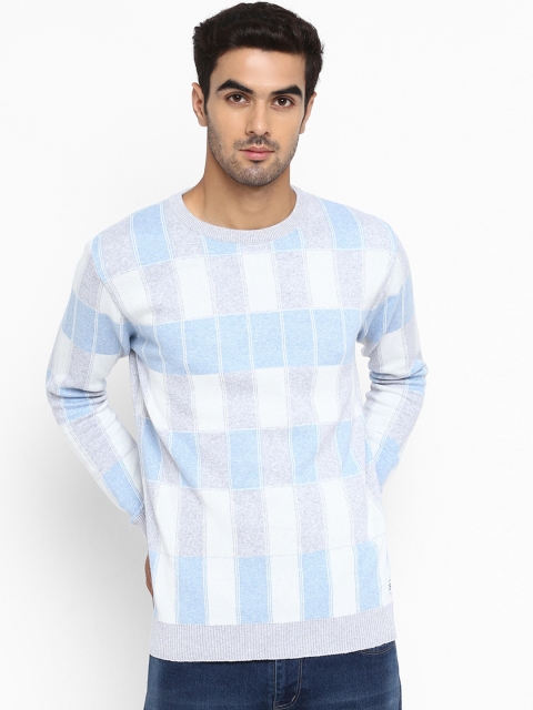 

METTLE Men Blue & White Checked Pullover Sweater