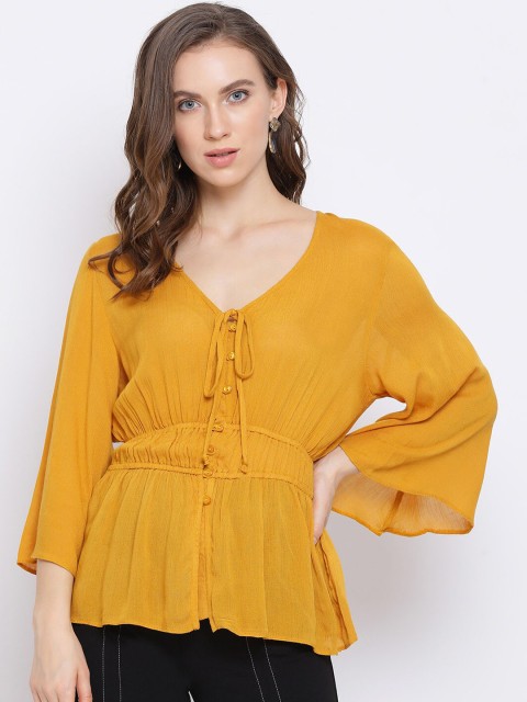 

Oxolloxo Women Mustard Yellow Solid Cinched Waist Top