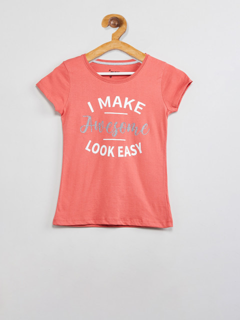 

max Girls Coral Peach Printed Round Neck T-shirt