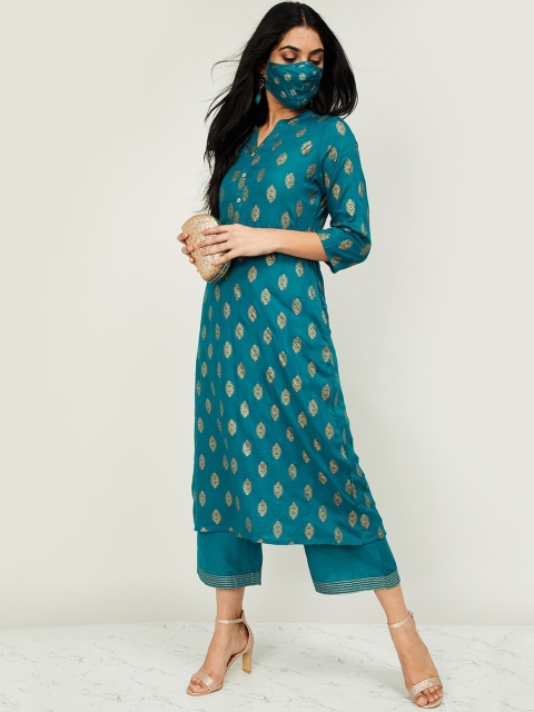

Melange by Lifestyle Women Teal Blue Printed Kurta with Trousers