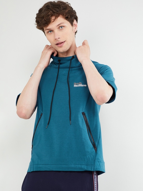 

max Men Teal Blue Solid Hooded Sweatshirt