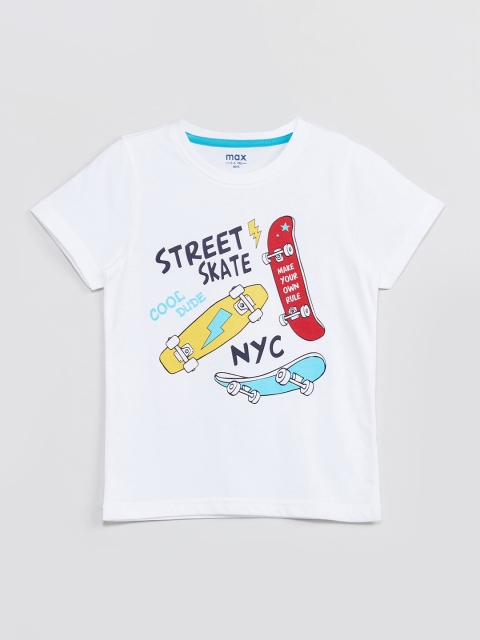 

max Boys White Printed Round Neck T-shirt