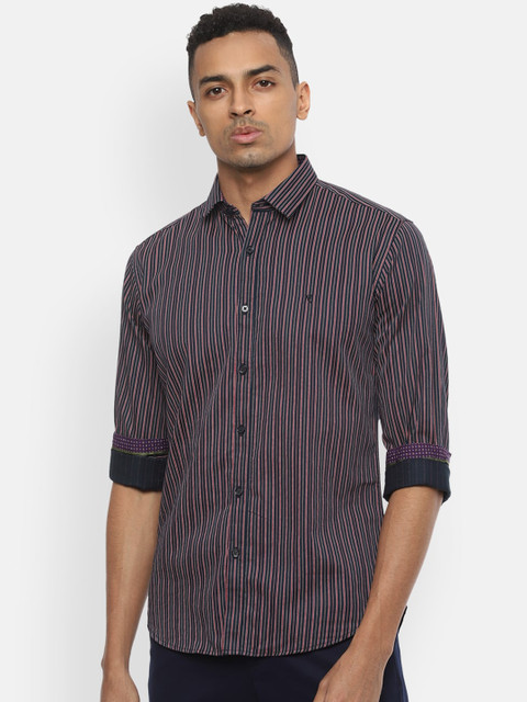 

V Dot Men Black & Brown Slim Fit Striped Casual Shirt