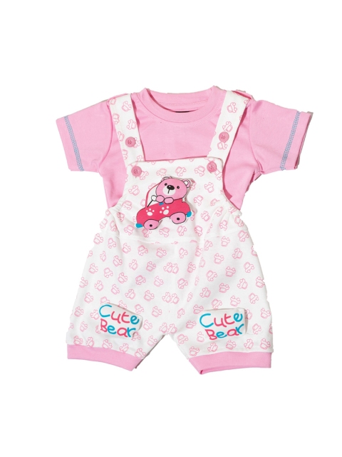 

BORN WEAR Unisex Kids Pink & White Solid T-shirt with Dungaree Shorts