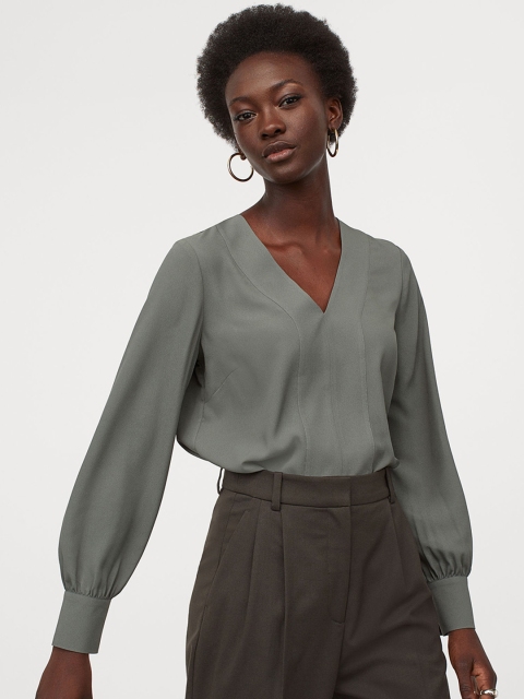 

H&M Women Green Solid V-neck Blouse