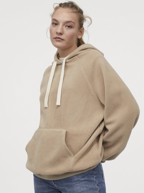 

H&M Women Beige Solid Fleece Hoodie Sweatshirt