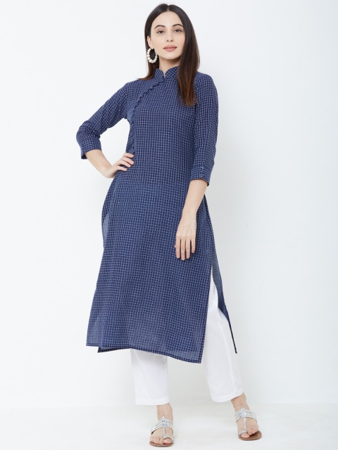 

FASHOR Women Navy Blue Checked Straight Kurta