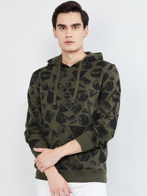 

max Men Olive Green & Black Printed Hooded Sweatshirt