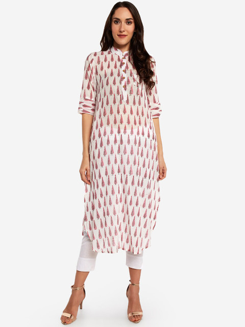 

Desi Weavess Women Off-White & Pink Printed Kurta with Trousers