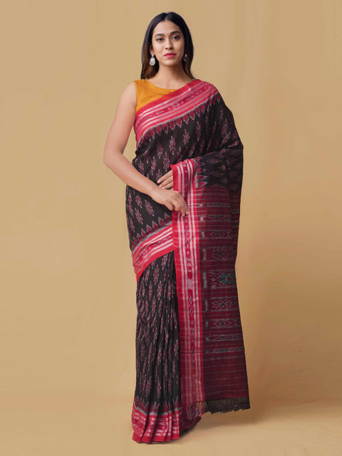 

Unnati Silks Black & Pink Pure Cotton Printed Sambalpuri Saree