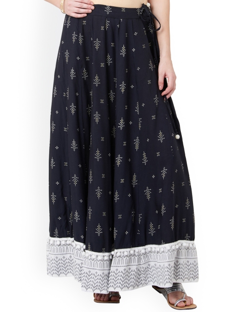

IMARA Women Black & White Printed Flared Maxi Skirt