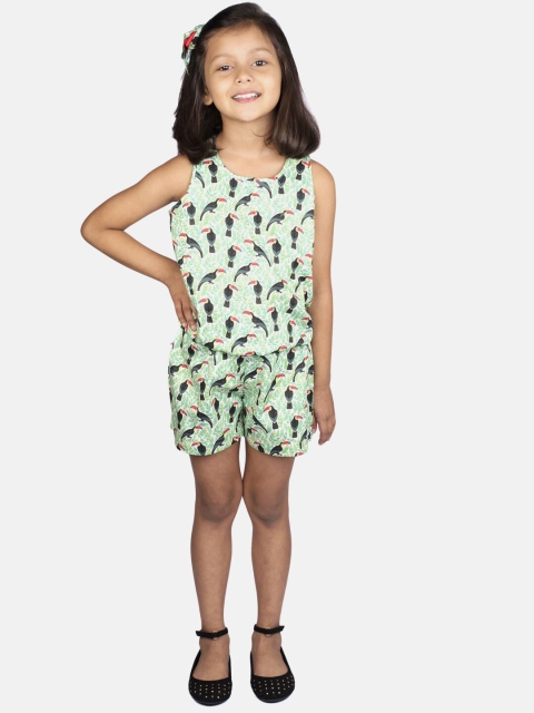 

RIBBON CANDY Girls Green & Red Printed Playsuit With Embellished Alligator Hair Clip