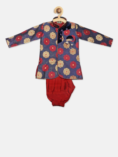 

SG YUVRAJ Boys Blue & Red Raw Silk Sherwani Set