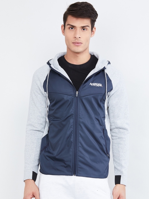 

max Men Blue & Grey Colourblocked Hooded Sweatshirt