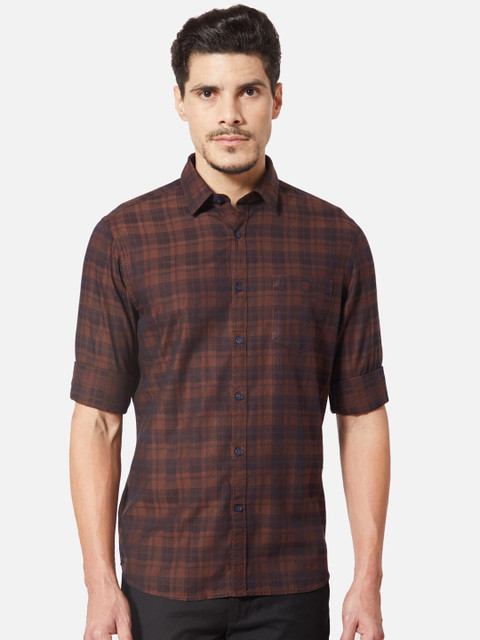 

J Hampstead Men Coffee Brown & Black Slim Fit Checked Casual Shirt