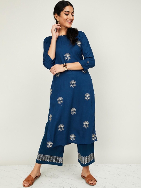 

Melange by Lifestyle Women Teal Blue Embroidered Kurta with Trousers