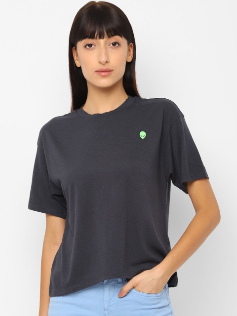

AMERICAN EAGLE OUTFITTERS Women Black Solid Round Neck T-shirt
