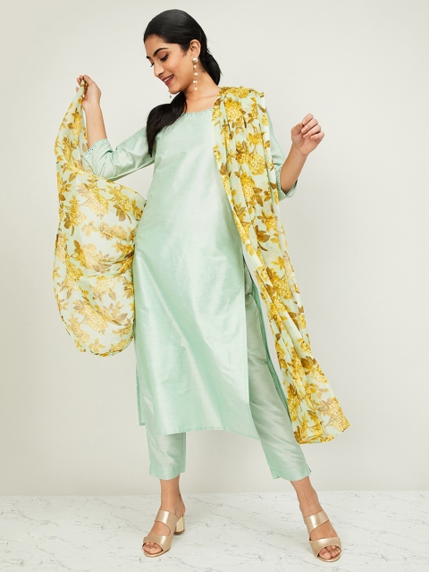 

Melange by Lifestyle Women Sea Green Solid Kurta with Trousers & Dupatta