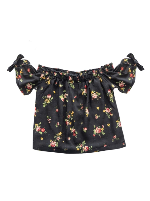 

Kid Studio Girls Black Printed Bardot Pure Cotton Top