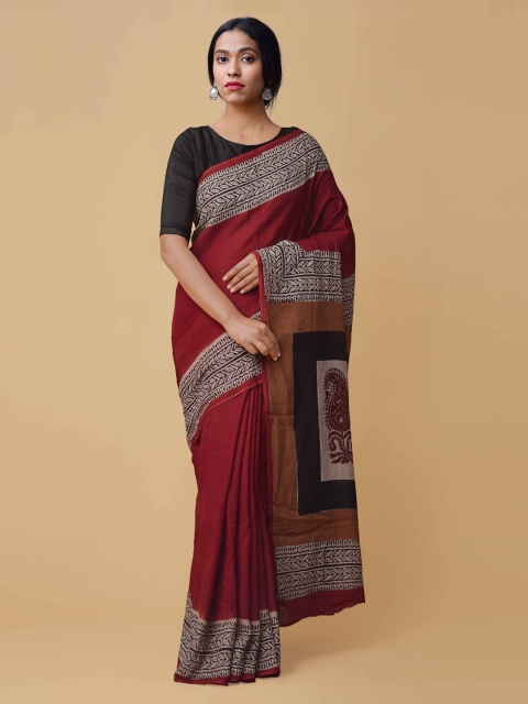 

Unnati Silks Red & Black Pure Cotton Printed Kota Saree