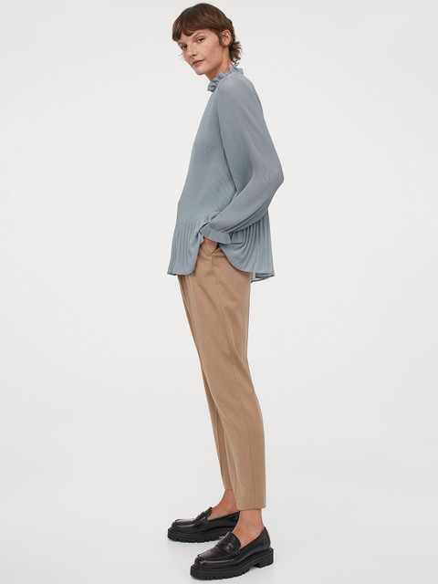 

H&M Women Dusty Blue Solid Pleated Blouse