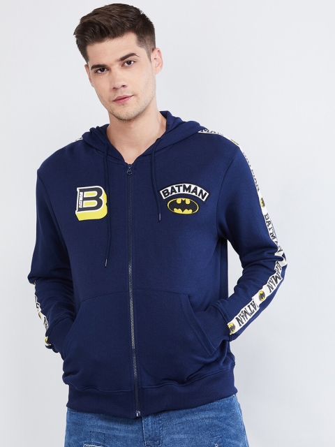 

max Men Navy Blue Printed Hooded Sweatshirt