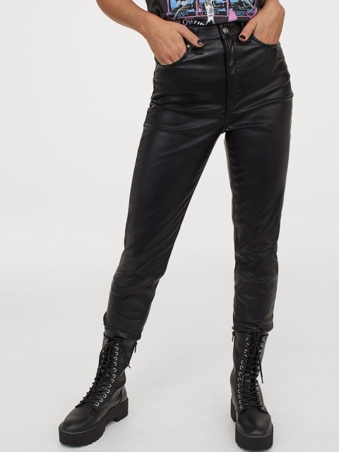 

H&M Women Black Imitation Leather Trousers