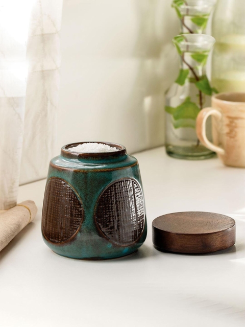 

ellementry Teal Blue & Brown Handcrafted Maze Ceramic Jar With Wooden Lid