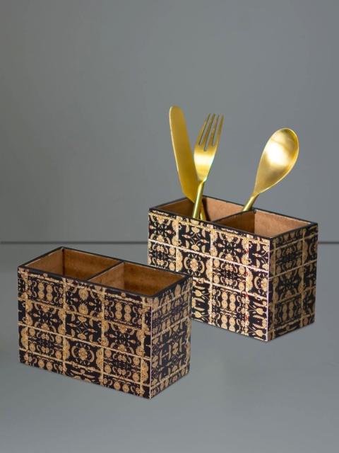 

nestroots Set Of 2 Black & Brown Printed Cutlery Holder