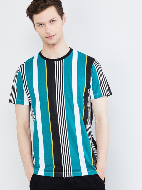 

max Men Turquoise Blue & Black Striped Round Neck T-shirt