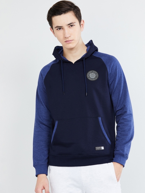 

max Men Blue Colourblocked Hooded Sweatshirt