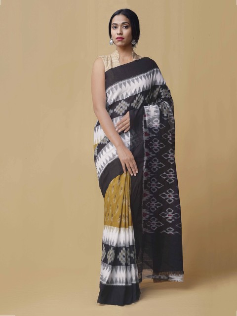 

Unnati Silks Black & White Pure Cotton Handloom Woven Design Sambalpuri Saree