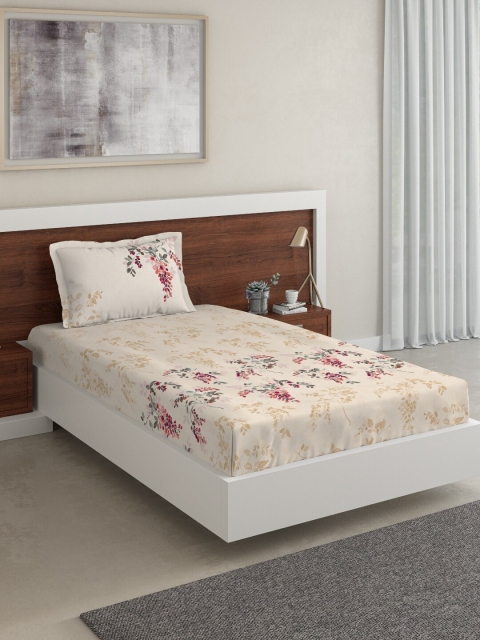 

DDecor Beige & Red Floral 144 TC Cotton 1 Single Bedsheet with 1 Pillow Covers