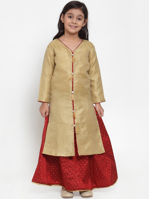 

Baani Creations Girls Gold-Coloured & Maroon Self Design Kurta with Skirt