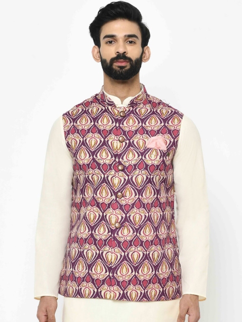 

KISAH Men Pink & Purple Printed Nehru Jacket