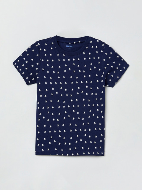 

max Boys Navy Blue & White Printed Round Neck T-shirt