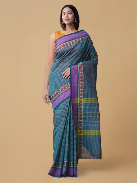

Unnati Silks Blue Pure Cotton Woven Design Chettinad Saree